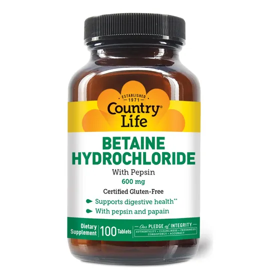 Clorhidrato De Betaína Con Pepsina Country Life, 600 Mg, 100