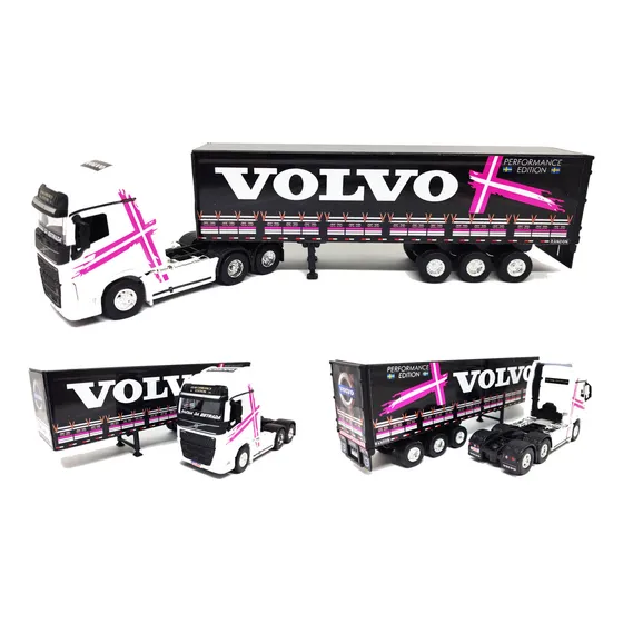 Miniatura Caminhão Volvo Fh500 + Carreta Lona Personalizada Cor Rosa