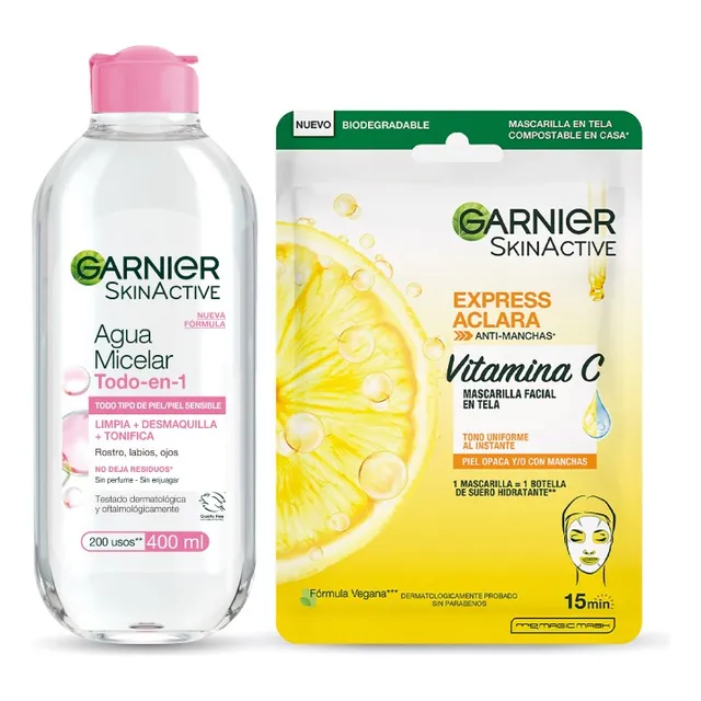 Tripack Mascarilla Vitamina C + Agua Micelar Garnier Momento de aplicación Día/Noche Tipo de piel Todo tipo de piel