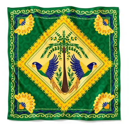 Lenço Feminino Grande 90x90 Em Cetim Edição Copa Do Mundo Multicolorido Paraiso Tropical 90x90