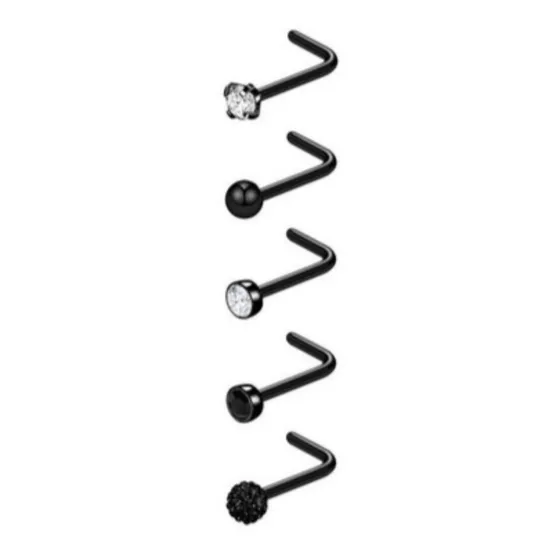 Set 5 Piercing Acero Quirúrgic Nariz Zirconia Nostril Tipo L Negro