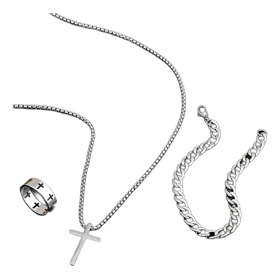 Collar Cruz Hombre Acero Inoxidable Dijes Pulsera Y Anillo