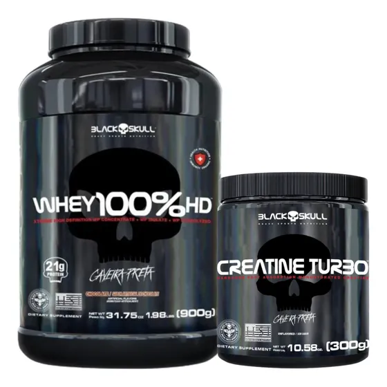 Kit Black Skull Whey 3w 100% Hd 900g + Creatina Turbo 300g Sabor Cookies