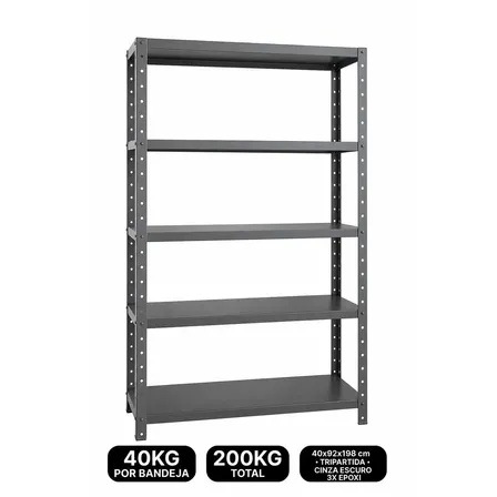 Estante Aço Premium 40x92x1,98 com 5 bandejas 40Kg/band 200Kg total Tripartida