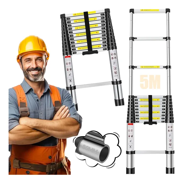 Escalera Aluminio Telescópica Ajustable 13 Peldaños 5 Metros