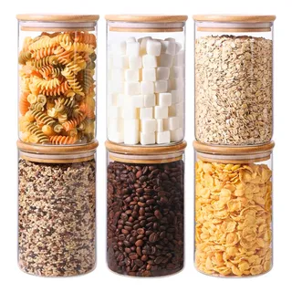 Kit 6 Potes Para Alimentos De Vidro Com Tampa Bambu 650ml Kit 6 Potes Para Alimentos De Vidro Com Tampa Bambu 650ml