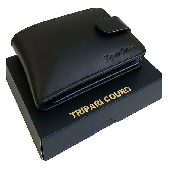 Carteira Masculina de Couro Legítimo Tripari, com Porta-Documentos e Caixa para Presente