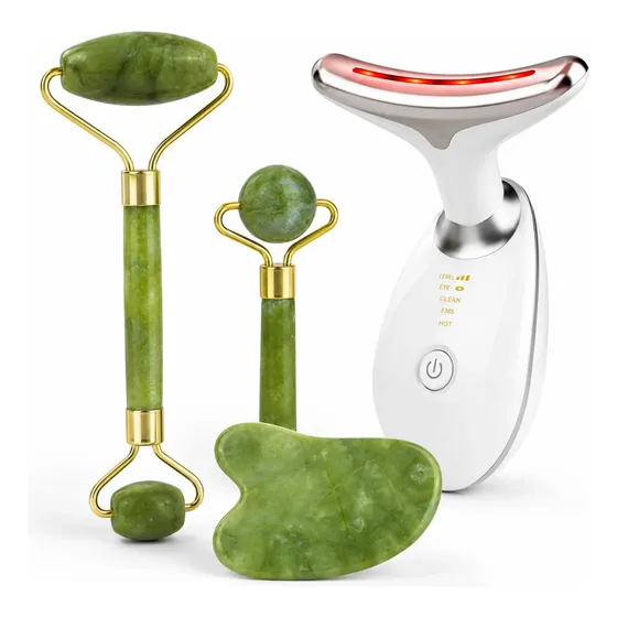 Massageador Facial Led 7 Cores 3 Em 1 + Jade Roller Gua Sha