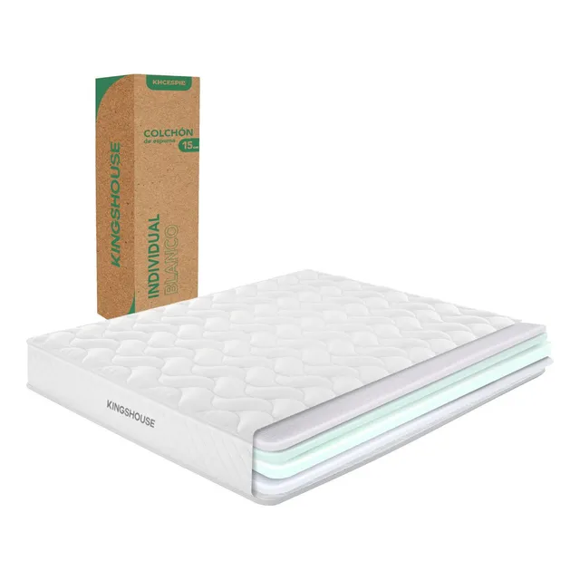 Colchon Individual En Caja 15cm Alto Kingshouse KHCESPI-KH Color Blanco Espuma De Alta Densidad Peso Máximo Soportado 150kg Antiácaros Hipoalergénico Tejido Antideslizante De Poliéster Firmeza Justa