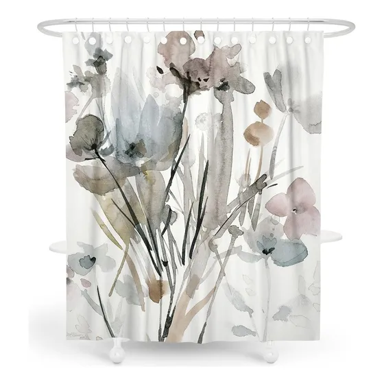 Cortina Ducha Para Baño Floral Color Blanco Gris Rosa