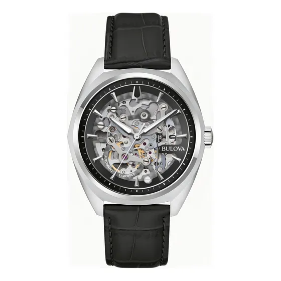 Relógio automático Bulova para homens 96a310 Classic Surveyor, pulseira preta, moldura preta/prateada, fundo preto