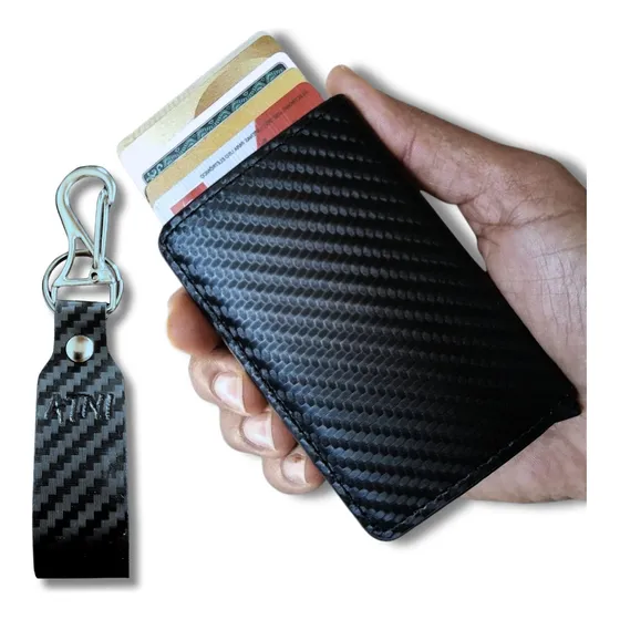 Wallet Proteção RFID Wallet Carteira Porta Carto Automatica Couro Antifurto Rfid Cor Fibra Black Com Chaveiro Desenho Do Tecido Lisa