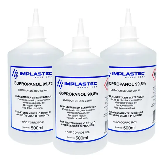 3x Álcool Isopropilico Puro 99,8% 500 Ml Limpador Implastec