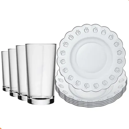 Aparelho De Jantar Em Vidro 8 Peças| Kit Com Pratos E Copos Transparente