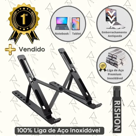 Suporte Em Aluminio Note Apoio Notebook Laptop Computador Mesa Universal Rishon Cor Preto