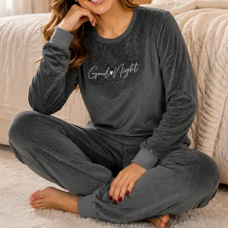 Pijama Feminino Adulto Fleece Longo Bordado Inverno Premium Cinza Chumbo Good Night P
