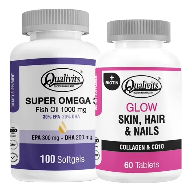 Glow Skin Hair Nails + Super Omega 3 X100 Fish Oil Qualivits