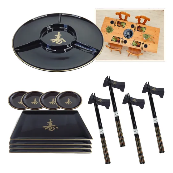 Jogo Oriental De Mesa 17pçs Sushi Kit C/ Petisqueira Redonda