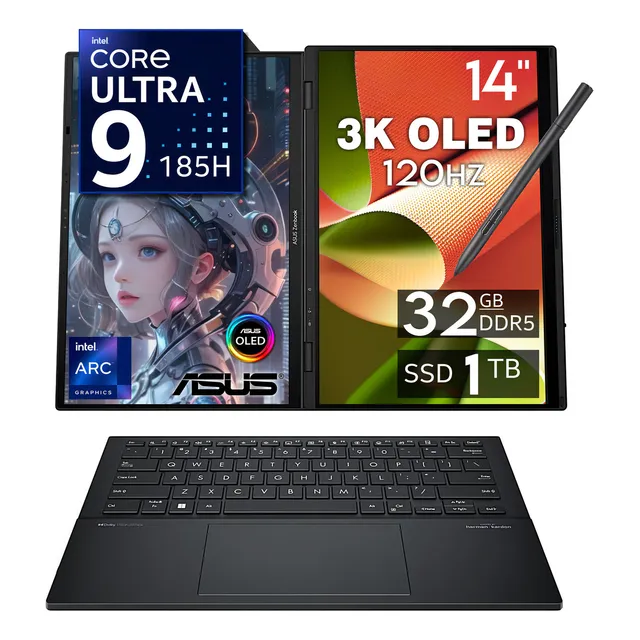 Laptop ASUS Zenbook Duo Intel Core Ultra 9 185H Intel Arc 32GB RAM 1TB 14" OLED Touchscreen Windows 11 Home Teclado en Ingles