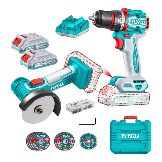 Kit Inalámbrico Total 20v: Taladro Atornillador 66nm Sin Carbones + Mini Amoladora 3 Pulgadas, 76mm - Con 2 Baterías Litio-ion, Cargador, Maletín Y Discos - Tckli20766 | Cuotas sin interés