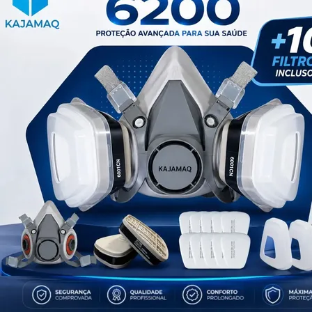 Máscara para Pintura Automotiva 6200 semi facial com carvão ativo + Kit Completo 10 Filtros 5n11 respirador premium reutilizável para soldador funileiro mascara cabeleireiro proteção gases químico pó