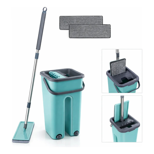 Rodo Flat Mop Limpeza Profissional 2 Refil Mopi Com Balde 5 Azul-celeste