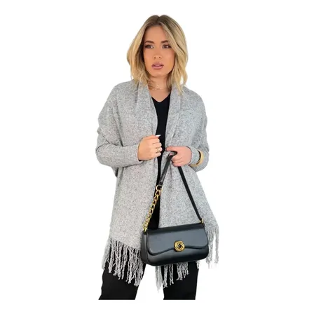 Casaco Poncho Mousse Feminino Tricot Franja Kimono Inverno