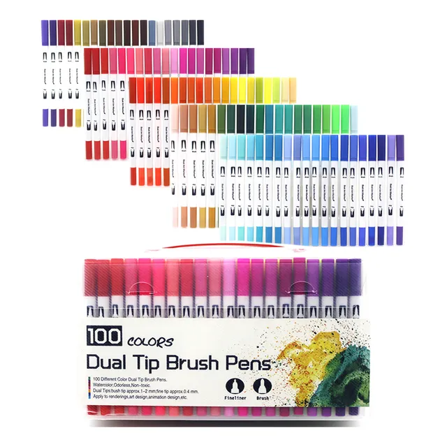 Juego De Rotuladores De Color W-100 Con Punta, Pincel Y Deli