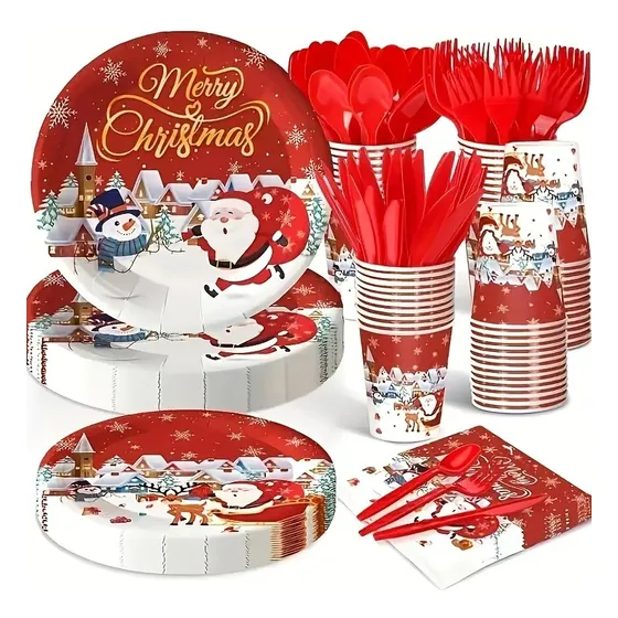 Kit De Vasos, Platos, Cubiertos Y Servilletas Navidad 24 Inv