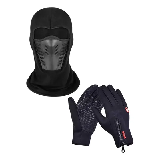Pasamontaña Balaclava Mascara + Guantes Neopreno Frio Abrigo Negro Liso Unico