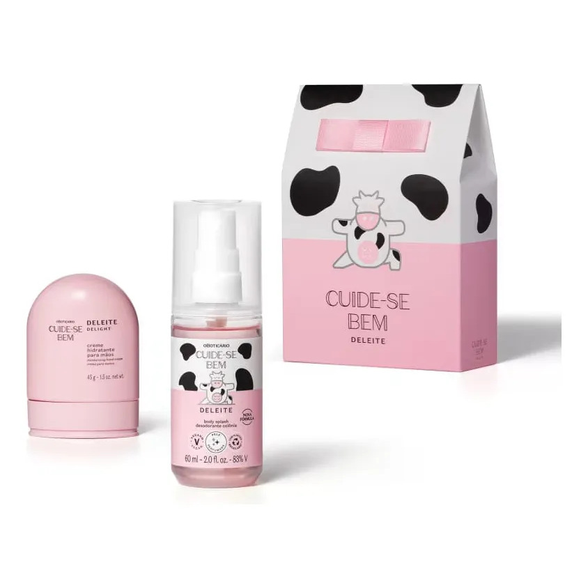 Kit presente Cuide-se Bem Deleite contendo um creme hidratante para mãos, um body splash e uma caixa de presente decorada com estampa de vaquinha.