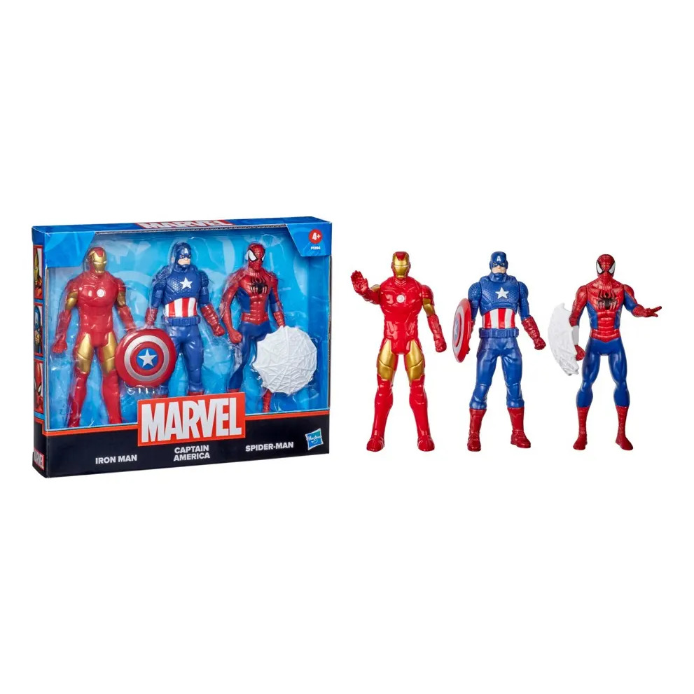 Embalagem de brinquedo Marvel contendo três bonecos articulados do Homem de Ferro, Capitão América e Homem-Aranha, com os mesmos bonecos posicionados ao lado da caixa.