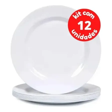 Kit Jogo 12 Pratos Branco De Melamina 25cm Buffet Hotel Raso