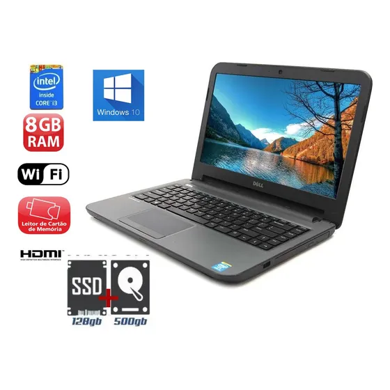Notebook Dell I3 8gb Ssd 128+ Hd 500gb Led 14' Wifi Win 10