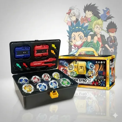 Kit Beyblade Burst 8 Piões Metal Fusion + 3 Lançadores Com Maleta