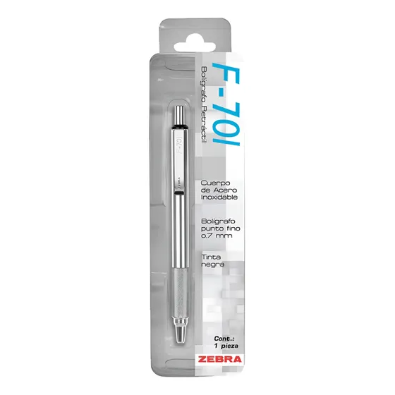 1 Pieza Boligrafo Retractil Zebra F-701 Punto Fino 0.7 Mm Tinta Negro Exterior Plateado