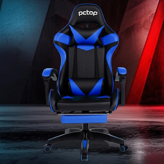Cadeira Gamer Pctop Racer 1006 gamer ergonômica preta e azul com estofado de couro sintético