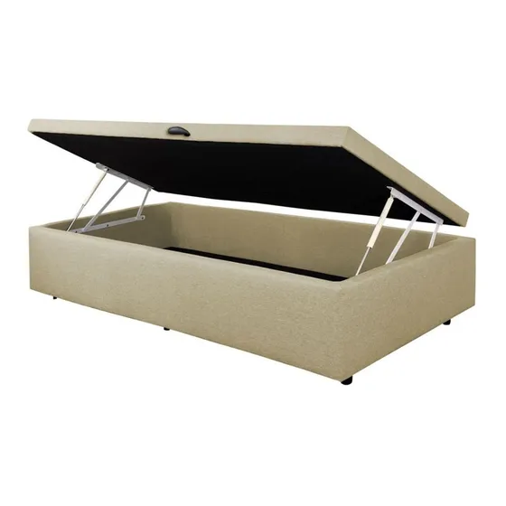 Cama Box Baul 1 Plaza Y Media Tapizado Tela Lino Beige
