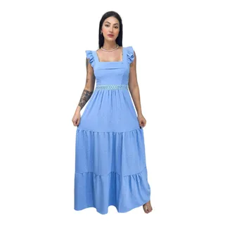 Vestido Longo Luxo Com Babada Na Mangas E Reda Na Cintura Vestido Longo Luxo Com Babada Na Mangas E Reda Na Cintura