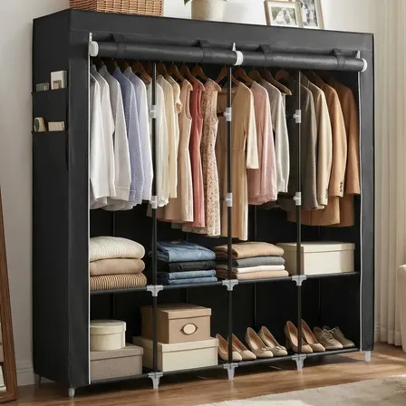 Guarda-roupa Portátil Com Prateleiras, 4 Cabideiros Preto