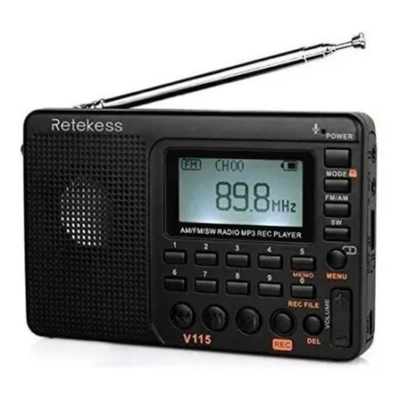 Radio AM FM portátil SW Con Batería Recargable Pantalla LCD Retekess V115 Color Negro