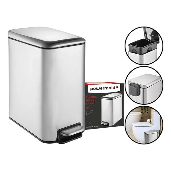  Lixeira Lixo Linea Sistema Soft Close 5 Litros Aço Inox