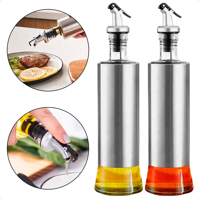 Kit 2 Porta Azeite Vinagre C/ Dosador 300ml Inox Vidro Top Kit 2 Porta Azeite Vinagre C/ Dosador 300ml Inox Vidro Top