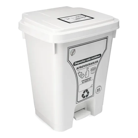 Caneca de Reciclaje Grande 53L con Pedal Blanca, Fabricada en Polipropileno Recuperado, Ideal para Clasificación de Residuos Aprovechables en Hogar, Oficina y Comercio, Energy Plus.