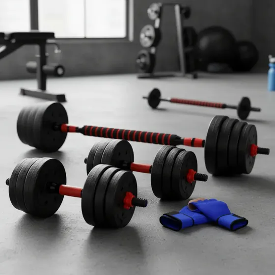 Set de Mancuernas y Barra 20 kg Ajustable PVC Rojo Negro Fit | Cuotas sin interés