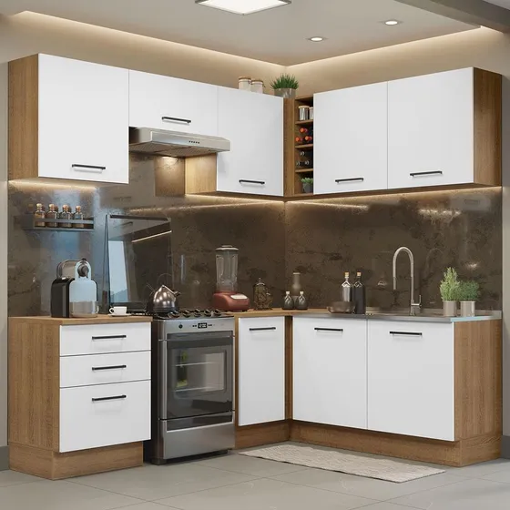 Cocina Integral Completa Modular Esquina Madesa Agata Color Marrón/Blanco