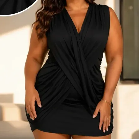 Vestido Plus Size Feminino Curto Transpassado Elegante Chic Preto G1-g3