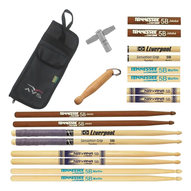 Conjunto De Baquetas Bateria 5b C/ Estojo Avs Chave Afinação