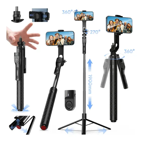 Tripé Bastão Pau De Selfie Profissional Até 1,9M Com Controle Remoto Bluetooth Suporte Celular Portá