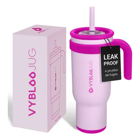 Copo Térmico Canudo 1200ml Inox Com Tampa E Alça Para Água Rosa Smoothie De Frutas Vermelhas